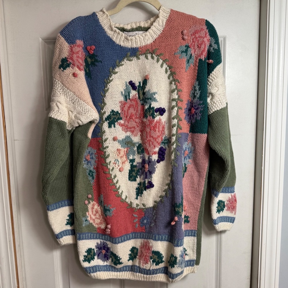 Vintage Casual Corner Floral Patchwork Chunky Knit Sweater 90s Cottagecore XL